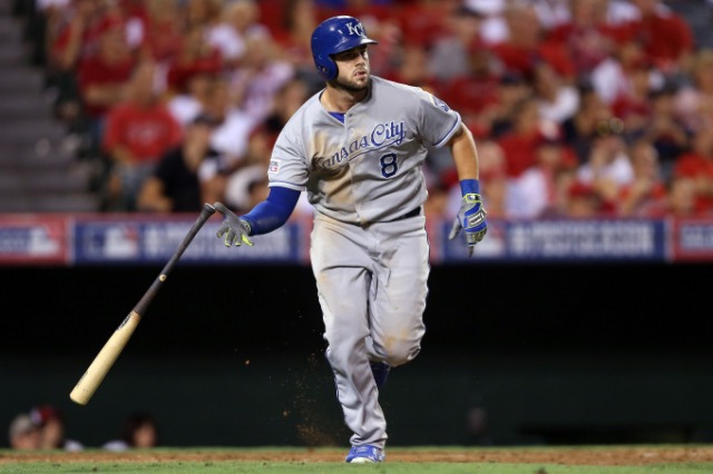 Royals 3B Mike Moustakas watches his solo home run in the 11th inning Thursday night at Angel Stadium. (Photo by Jeff Gross/Getty Images)